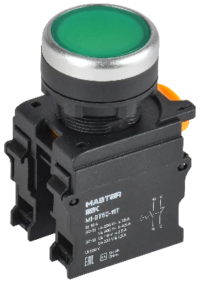Кнопка с фиксацией d=22мм 1NO+1NC зелёная MASTER IEK