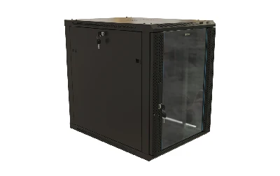 Шкаф настенный 19-дюймовый . 18U. 908х600х800мм.  стеклянная дверь с перфорацией по бокам. ручка с  замком. цвет черный (RAL 9004) (разобранный)