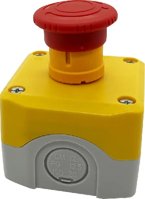Пост кнопочный SALK178, 1 отверстие, желтый с кнопкой аварийного останова