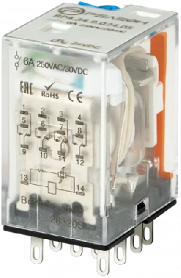 Промежуточное реле, 4 перекидных контакта 6А, 24В (DC), блокируемая кнопка проверки, светодиод