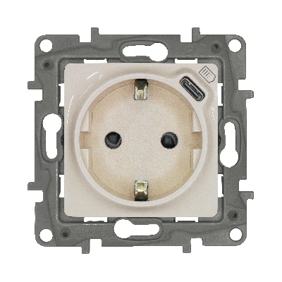 Розетка 1-местная с заземлением с защитными шторками безвинтовые зажимы 16А с USB C 7,5Вт слоновая кость ETIKA
