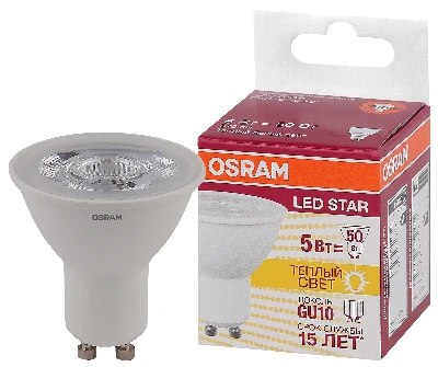 Лампа светодиодная LED 5Вт GU10 3000К 370лм спот 230V CL (замена 50Вт) PAR16 OSRAM LS