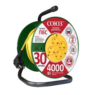 Удлинитель силовой ТМ Союз на катушке 4 гнезда 4000 Вт с защитной крышкой 30м