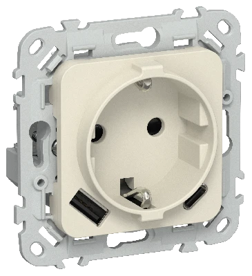 FLITE Розетка 1-местная с заземлением с защитными шторками 16А с USB A+C 20Вт безвинтовое крепление РСЮшс11-1-ФлСл сливочный IEK
