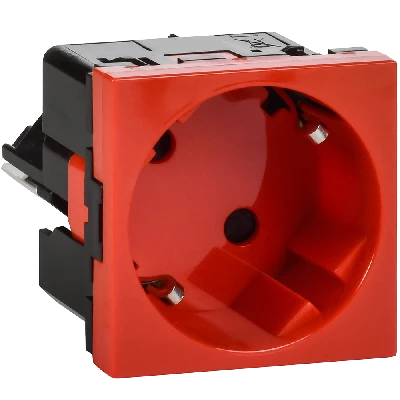 Розетка с заземлением  -  безвинтовые зажимы - со шторками 16А 250В - 45°- 2 модуля - красный