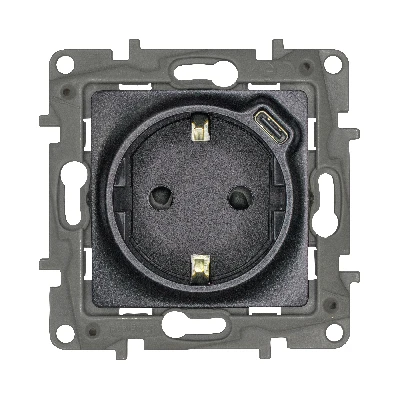 Розетка 1-местная с заземлением с защитными шторками безвинтовые зажимы 16А с USB C 7,5Вт антрацит ETIKA