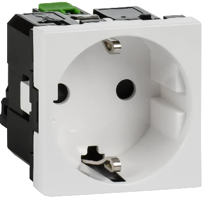 Розетка с заземлением  -  безвинтовые зажимы - со шторками 16А 250В - 90°- 2 модуля - белый