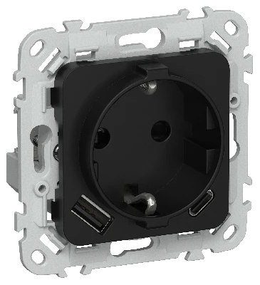 FLITE Розетка 1-местная с заземлением с защитными шторками 16А с USB A+C 20Вт безвинтовое крепление РСЮшс11-1-ФлЧ черный IEK