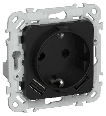 FLITE Розетка 1-местная с заземлением с защитными шторками 16А с USB A+A 3,1А безвинтовое крепление РСЮша11-1-ФлЧ черный IEK