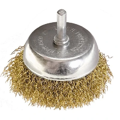 Щетка для дрели, 50 мм, чашка со шпилькой, латунированная витая проволока