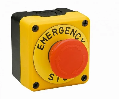 Пост управления однокнопочный кнопка аварийная Грибок 40 мм, 1НЗ, возврат поворотом, желтый-черный цвет, cерия P, пластиковый корпус 250В AC, 4А, IP65