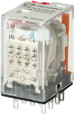 Промежуточное реле, 4 перекидных контакта 6А (230В AC) блокируемая кнопка проверки, светодиод