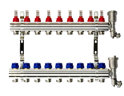 Коллекторная группа FHF-9RF set 9 контуров 1' х 3/4' с расходомерами, воздухоотводчиками и кронштейнами