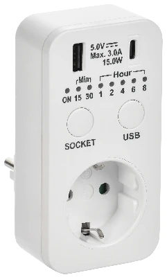 РТЭ-4 Розетка-таймер электронный с USB A+C        15мин-8ч 16А IP20 белый IEK