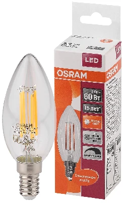 Лампа светодиодная LED 5Вт E14 CLB60D тепло-бел, Filament диммируемая, прозрачная свеча OSRAM