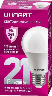 Лампа светодиодная 21вт OLL-A60-21-230-4K-E27 ОНЛАЙТ