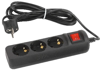 Удлинитель электрический UX-3es-3m-B с заземлением с выключателем 3 розетки 3 м ПВС 3x0,75мм2 10А черный