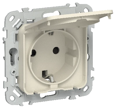 FLITE Розетка с заземлением с защитными шторками и крышкой безвинтовое крепление 16А IP44 РСшкр11-1-44-ФлСл сливочный IEK