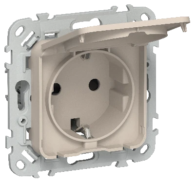 FLITE Розетка с заземлением с защитными шторками и крышкой безвинтовое крепление 16А IP44 РСшкр11-1-44-ФлЛ льняной IEK