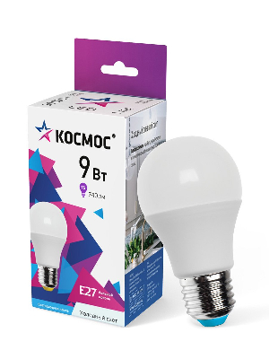 Лампа светодиодная LED 9Вт 220В Е27 D55х98 6500К холодный A55 720 лм КОСМОС
