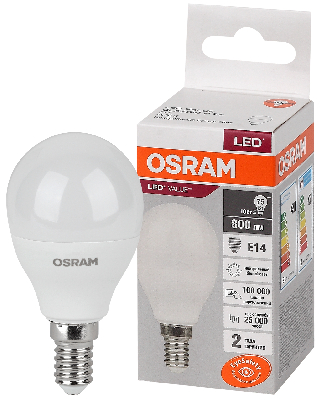 Лампа светодиодная LED 10 Вт E14 4000К 800Лм шарик 220 В (замена 75Вт) OSRAM