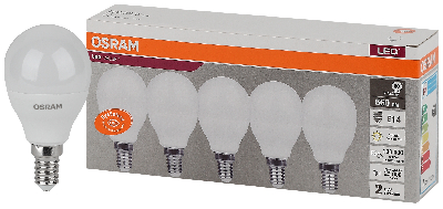 Лампа светодиодная LED 7 Вт E14 3000К 560Лм шарик 220 В (замена 60Вт) OSRAM упак 5 шт