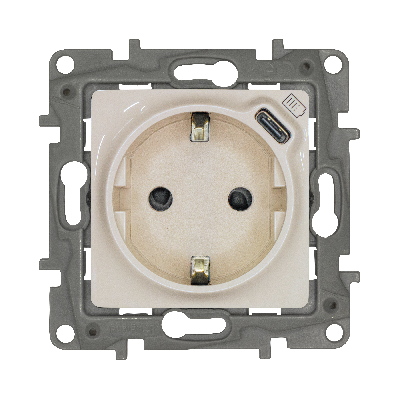 Розетка 1-местная с заземлением с защитными шторками безвинтовые зажимы 16А с USB C 7,5Вт слоновая кость ETIKA