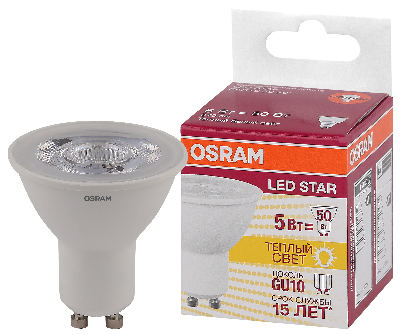 Лампа светодиодная LED 5Вт GU10 3000К 370лм спот 230V CL (замена 50Вт) PAR16 OSRAM LS