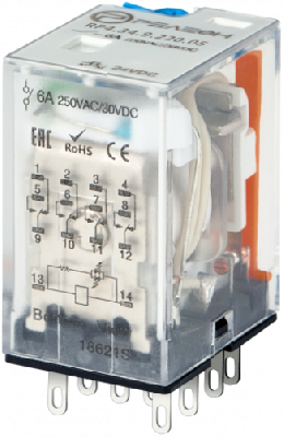 Промежуточное реле, 4 перекидных контакта 6А, 220В (DC), блокируемая кнопка проверки, светодиод