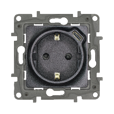 Розетка 1-местная с заземлением с защитными шторками безвинтовые зажимы 16А с USB C 7,5Вт антрацит ETIKA