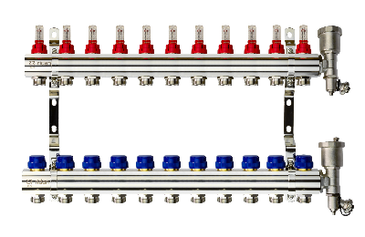 Коллекторная группа FHF-11RF set 11 контуров 1' х 3/4' с расходомерами, воздухоотводчиками и кронштейнами