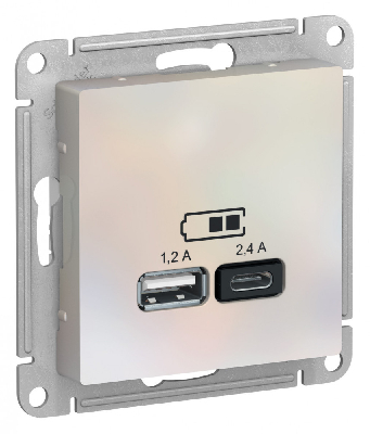РОЗЕТКА USB ATLASDESIGN A+С, 5В/2,4А, 2х5В/1,2А, механизм, ЖЕМЧУГ