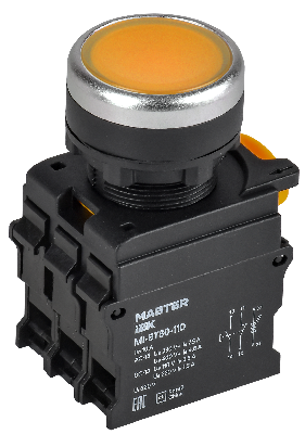 Кнопка с подсветкой d=22мм 1NO+1NC жёлтая MASTER IEK