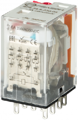 Промежуточное реле, 4 перекидных контакта 6А (230В AC) блокируемая кнопка проверки, светодиод