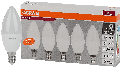 Лампа светодиодная LED 7 Вт E14 6500К 560Лм свеча 220 В (замена 60Вт) OSRAM упак 5 шт