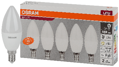 Лампа светодиодная LED 7 Вт E14 3000К 560Лм свеча 220 В (замена 60Вт) OSRAM упаковка 5 шт