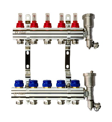Коллекторная группа FHF-5RF set 5 контуров 1' х 3/4' с расходомерами, воздухоотводчиками и кронштейнами