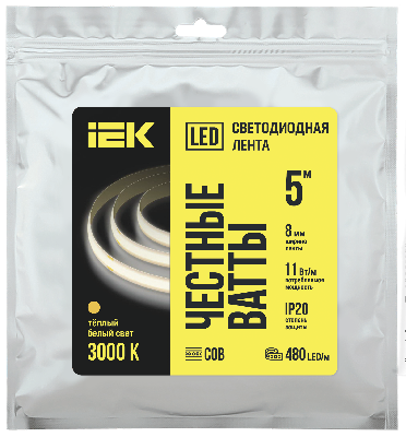 Лента LED 5м COB-480LED 11Вт/м IP20 8мм 24В 3000К IEK