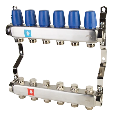 Коллекторная группа с ручными регулировочными клапанами 1' х 6 выходов 3/4' НР евроконус