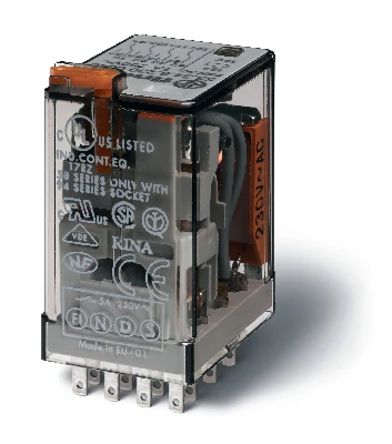 Реле электромеханическое универсальное миниатюрное, монтаж в розетку, 4CO 7A, контакты AgNi, катушка 230В АC, степень защиты RTI, опции: кнопка тест + LED