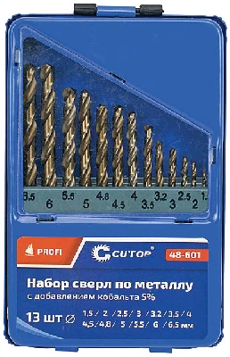 Набор сверл по металлу с кобальтом 5% в металлической коробке, 1.5-6.5 мм (через 0.5мм + 3.2мм, 4.8мм), 13 шт, Cutop Profi